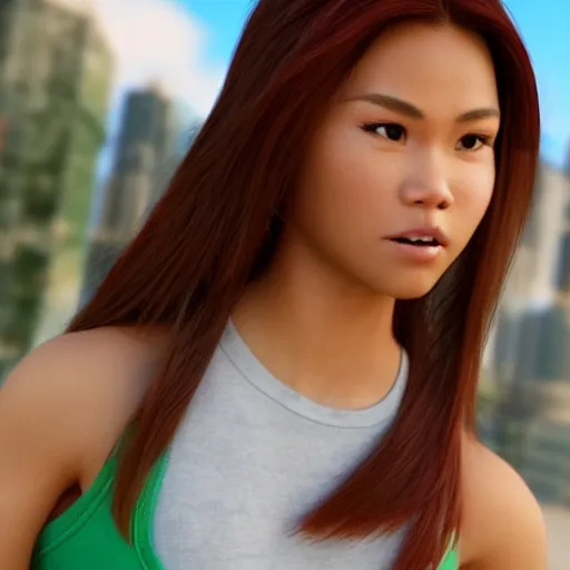 Image similar to young beautiful athletic Filipino woman with long hair posing, depicted as a Pixar character, high quality cg render, 4k