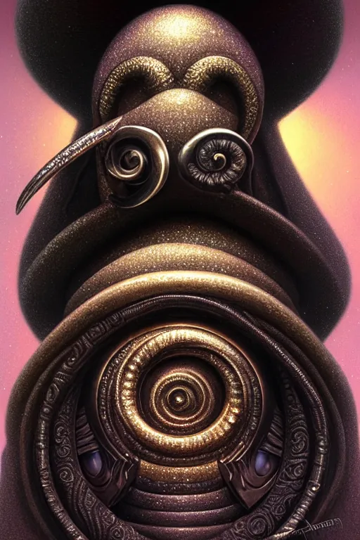 Image similar to anthropomorphic spiral head in sugar candyglitter oprah winfrey plague doctor, intricate, elegant, highly detailed face, wide angle, digital painting, artstation, concept art, sharp focus, illustration, art by artgerm, bob eggleton, stephen hickman, richard corben, wayne barlowe, greg rutkowski, alphonse mucha, 8 k