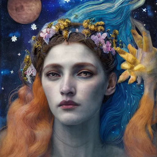 Image similar to queen of the moon with stars in her hair, by annie swynnerton and tino rodriguez and nicholas roerich and jean delville and donato giancola and tom bagshaw and evelyn demorgan and diego rivera, dramatic lighting, floral tattoos, rich colors, smooth sharp focus, extremely detailed, adolf wolfli