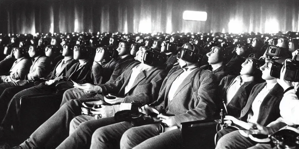 Image similar to 1 9 0 0 s photo of people using iphones ipods virtual reality headsets vr watching hd tv in a movie theater