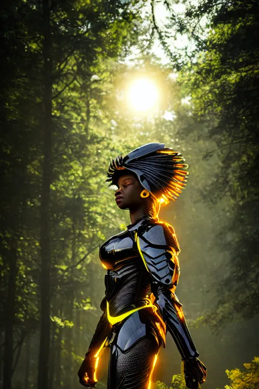 Image similar to hyperrealistic mithra goregous black woman exoskeleton armor in a forest sun behind her concept art eric zener elson peter cinematic side soft yellow light low angle hd 8k sharp shallow depth of field