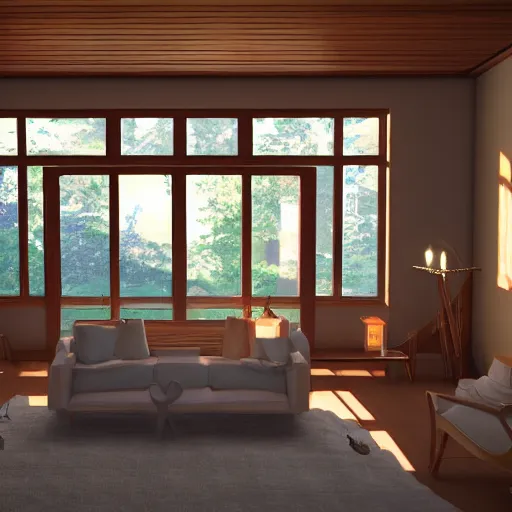 Image similar to Peaceful wooden mansion, unreal engine 5 tech demo, zillow interior, golden hour, living room, cozy, Frank Lloyd Wright ((Studio Ghibli))