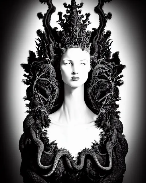 Image similar to dark background, a black and white high quality dreamy photo of a young beautiful female queen-dragon-vegetal-cyborg bust with a very long neck and delicate Mandelbrot fractal face, elegant, highly detailed, flesh highly baroque ornate, hair are curled wired cables, elegant, poetic, soft, dreamy, mysterious, high fashion, rim light, in the style of Ellen von Unwerth, Realistic, Refined, Digital Art, Highly Detailed, Cinematic Lighting, rim light, black and white, photo-realistic, 8K