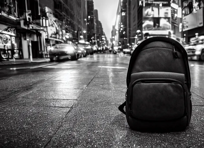 Image similar to photography of a Cat being carried in an half open backpack . in a new york street. award winning photo, led lighting, night, 130mm, sharp, high res