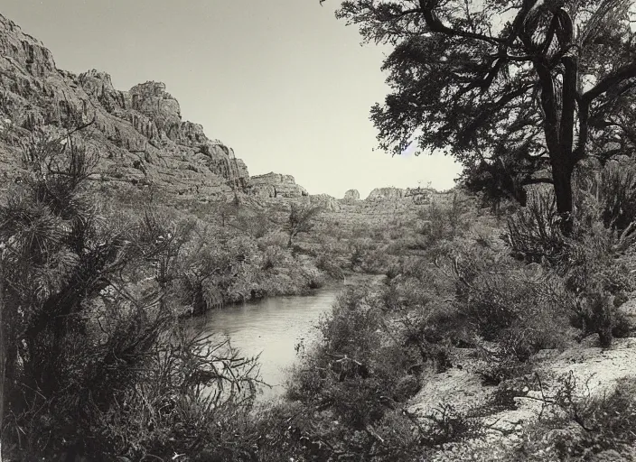 Image similar to Overlook of a river flowing through a cactus forest, albumen silver print by Timothy H. O'Sullivan.