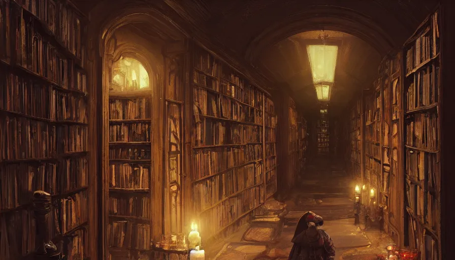 Prompt: Stefan Koidl's painting of a deep dark creepy victorian corridor with bookshelves everywhere and two candles. 4k, octane, digital painting, artstation, concept art, sharp focus, illustration, art by artgerm and greg rutkowski and alphonse mucha.