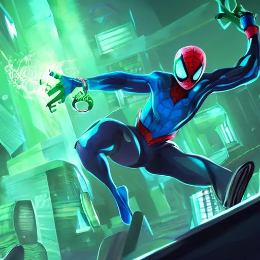 Image similar to splash art of a cool beautiful green and cyan spiderman in a stylish pose in the style of the league of legends splash art, digital art by Michelle Hoefener