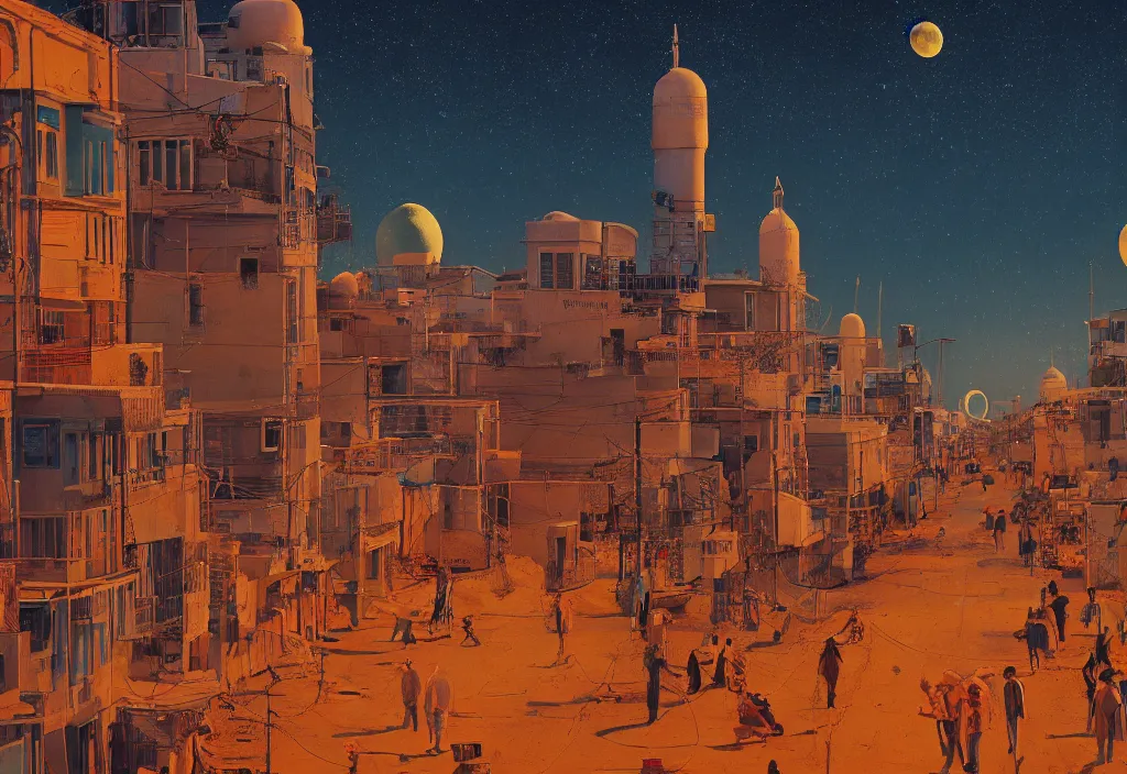 Image similar to accidentally wes anderson award - winning photograph of a lunar cosmic city, iranian street, art by greg rutkowsky, trending on artstation, cinematic lighting, filmic grain, golden hour, detailed, 4 k