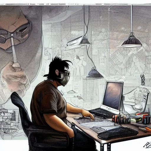 Prompt: an insanely detailed painting of a chubby nerdy asian man wearing a homemade superhero costume and mask, sitting at a computer desk typing on the keyboard, in the style of peter mohrbacher, dramatic lighting and composition, trending on artstation, concept art, comic book, graphic novel, back view