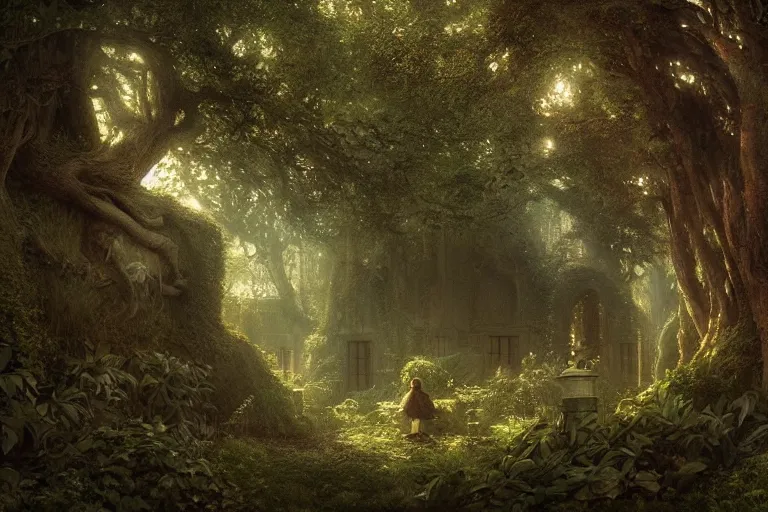 Prompt: secret garden, dwell, dark, scary, in the style of pan's labyrinth movie, low light, hyperrealistic, coherent composition, artstation, matte painting, concept art, edward hughes, caspar friedrich