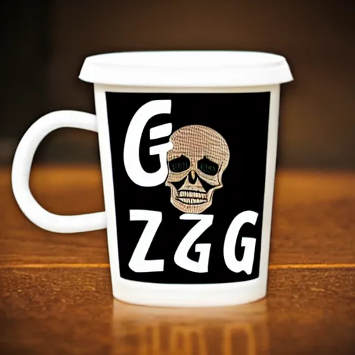 Image similar to a cup with a skeleton saying'gg ez '!!! on it,'gg ez '!!! text on the cup