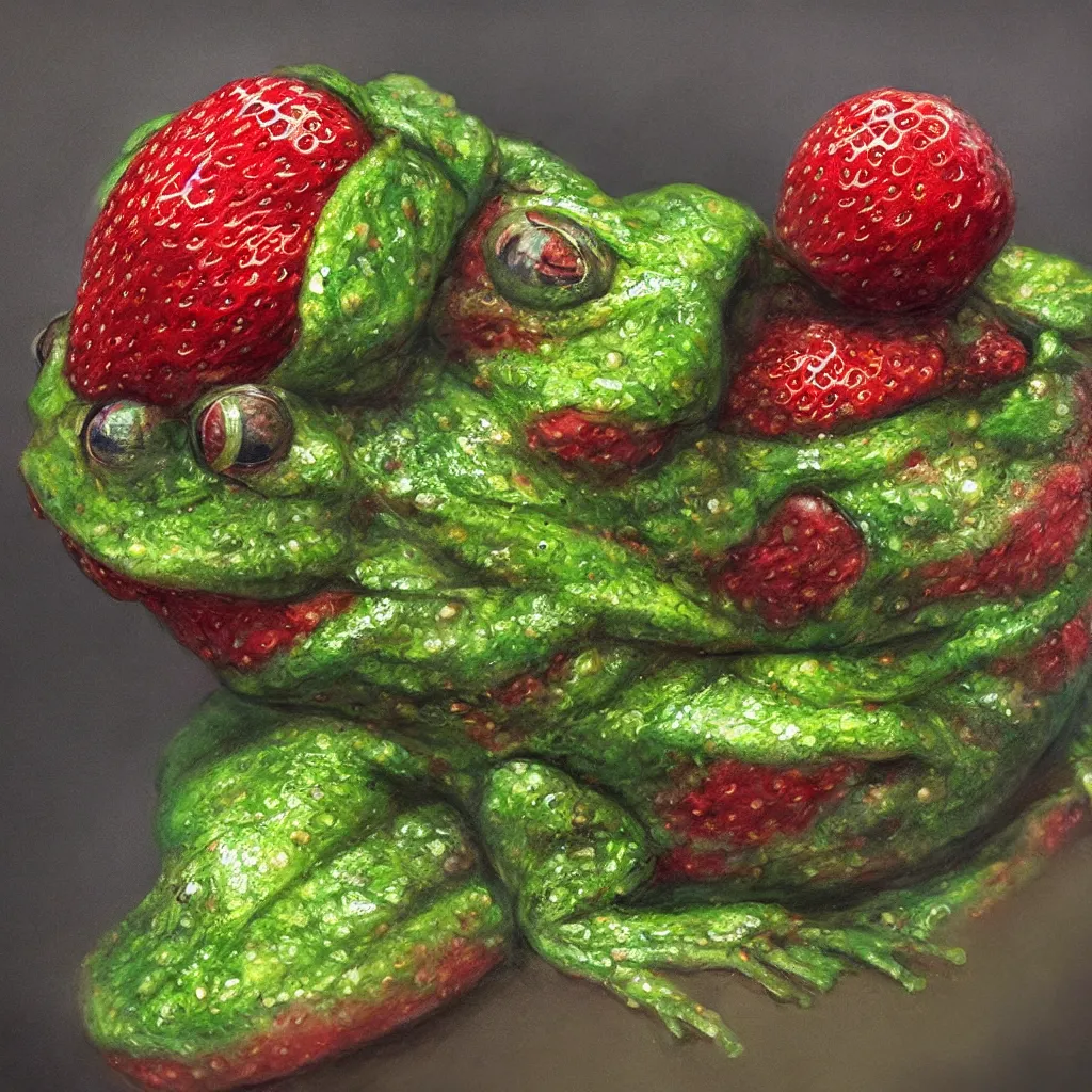 Image similar to hyperrealistic mixed media painting of a strawberry frog chimera, dim volumetric lighting, 8 k octane beautifully detailed render, post - processing, portrait, extremely hyper - detailed, intricate, epic composition, cinematic lighting, masterpiece, trending on artstation, very very detailed, masterpiece, stunning