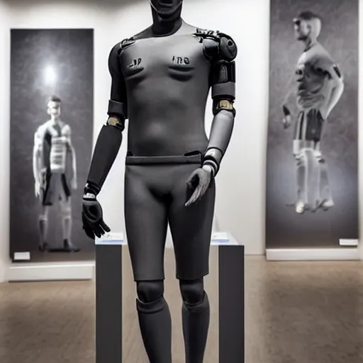 Prompt: a realistic detailed photo of a guy who is an attractive humanoid who is half robot and half humanoid, who is a male android, soccer player matthijs de ligt, shiny skin, posing like a statue, blank stare, at the museum, on display