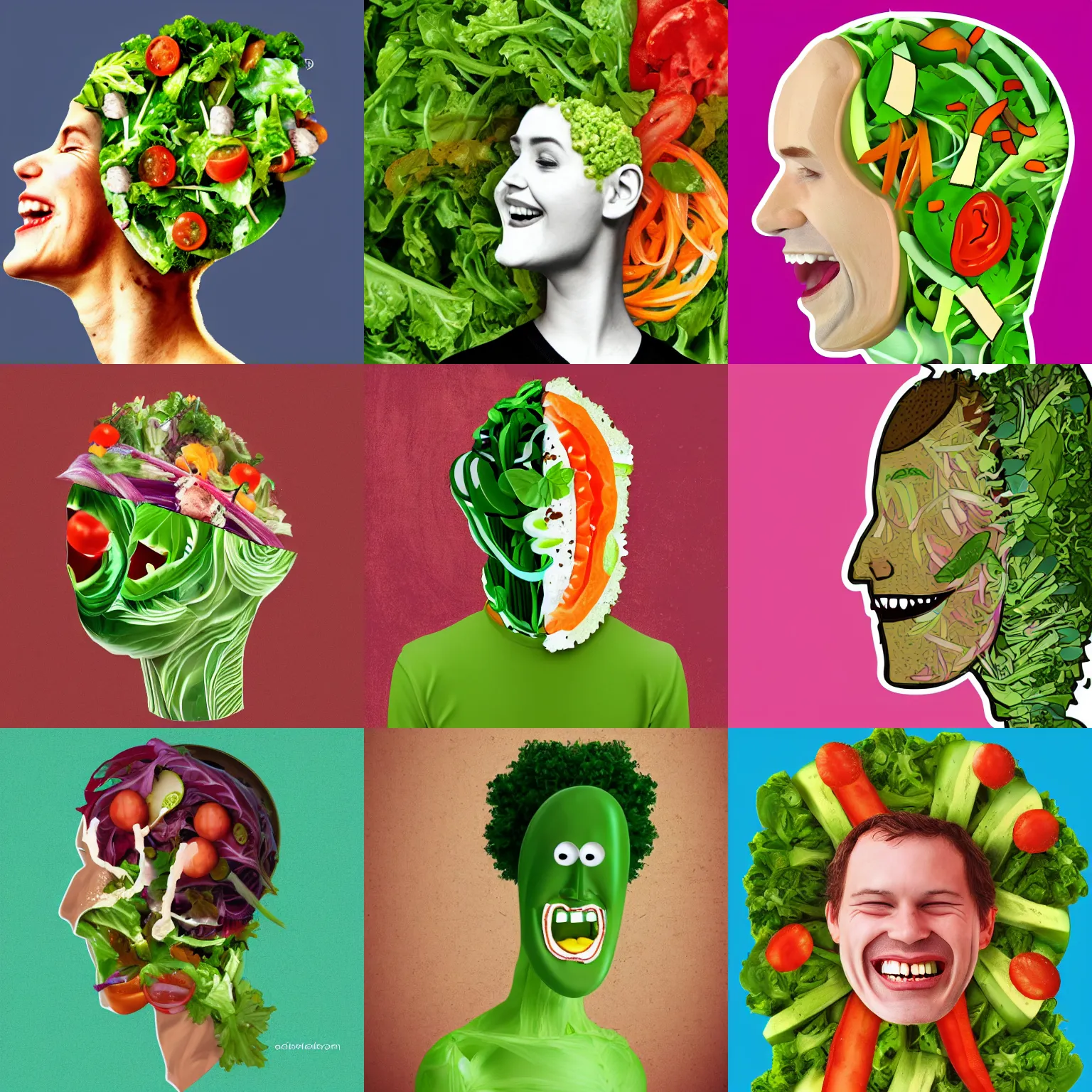 Prompt: a human with salad as their head, laughing, digital art