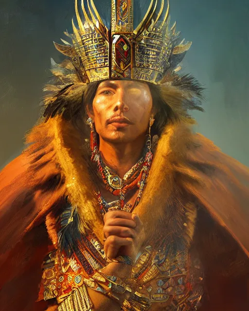 Image similar to Aztec king, handsome, portrait, intricate, elegant, feathers, volumetric lighting, scenery, digital painting, highly detailed, artstation, sharp focus, illustration, concept art, ruan jia, steve mccurry