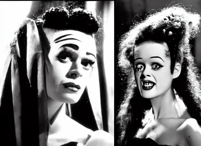 Prompt: instant photo, bride of frankenstein ( 1 9 3 5 ) as teen, still from the movie beetlejuice, cinematic, 1 9 7 0's movie still