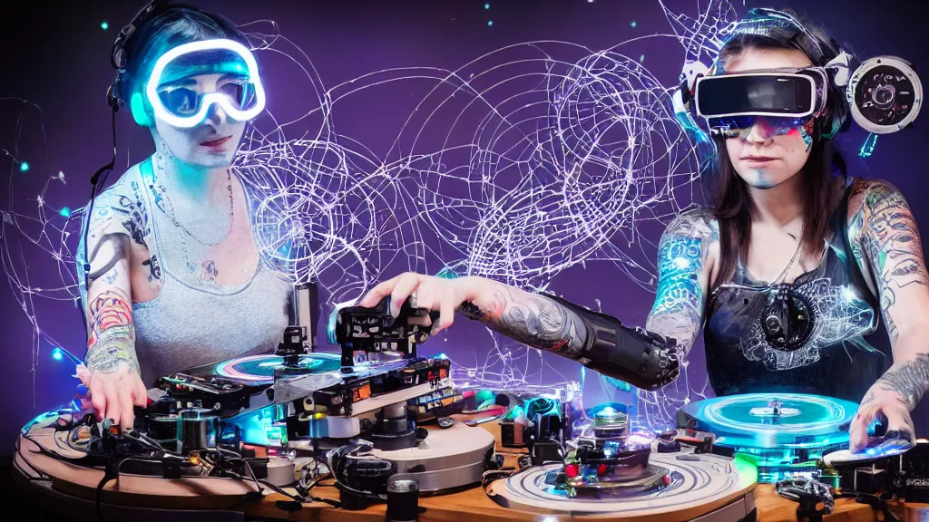 Image similar to a tattooed woman wearing goggles and visor and headphones using an intricate clockwork record player turntable contraption, robot arms, turntablism dj scratching, intricate planetary gears, cinematic, sharp focus, led light strips, bokeh, iridescent, black light, fog machine, hazy, computer screens, lasers, spotlights, light trails, hyper color photograph