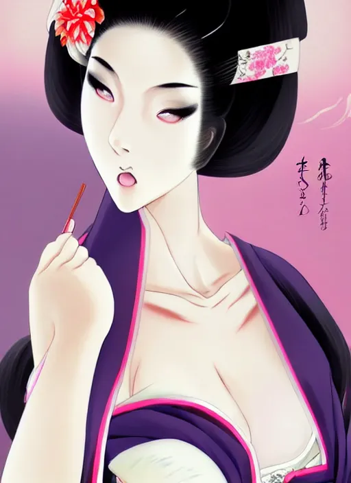 Prompt: glamorous and sexy Geisha, beautiful pale makeup, pearlescent skin, seductive eyes and face, elegant japanese woman, lacivious pose, very detailed face, seductive, sexy push up bras, pale and coloured kimono, ancient japanese temple on the background, photorealism. anime masterpiece, attractive eye official fanart behance hd artstation by Jesper Ejsing, by RHADS, Makoto Shinkai and Lois van baarle, ilya kuvshinov, rossdraws
