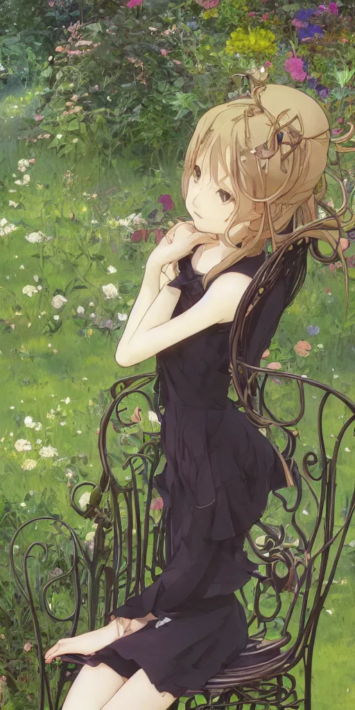 Image similar to a loli with long hair in a black dress sitting on a metal garden chair in the privet garden at afternoon, green and warm theme, back lighting, highly detailed, by krenz cushart and mucha and akihito yoshida and greg rutkowski and makoto shinkai and studio ghibli, detailed eyes, 4 k resolution, trending on art station