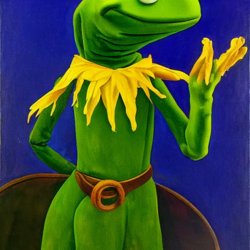 Image similar to terrified kermit the frog, oil painting, botticelli, raphael, vermeer