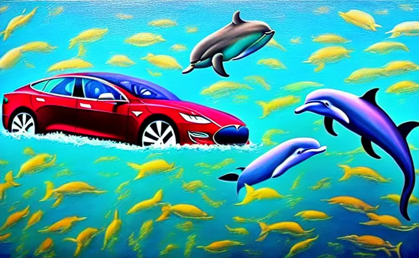 Image similar to a surreal colourful painting of a tesla car underwater surrounded by dolphins