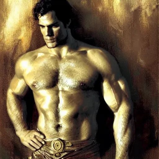 Image similar to Henry Cavill as a greek god, muscular, detailed face, thighs, painting by Gaston Bussiere, Craig Mullins