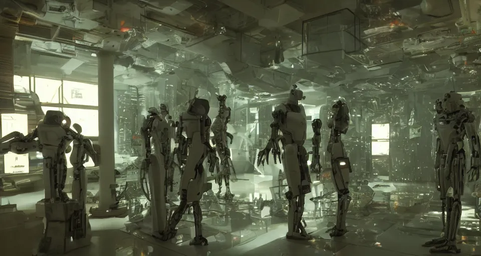 Prompt: inside the museum of cyberpunk robots, cinematography by roger deakins, cinematography by Emmanuel Lubezki, cinematography by Bruno Delbonnel, cinematography by Janusz Kamiński, cinematic