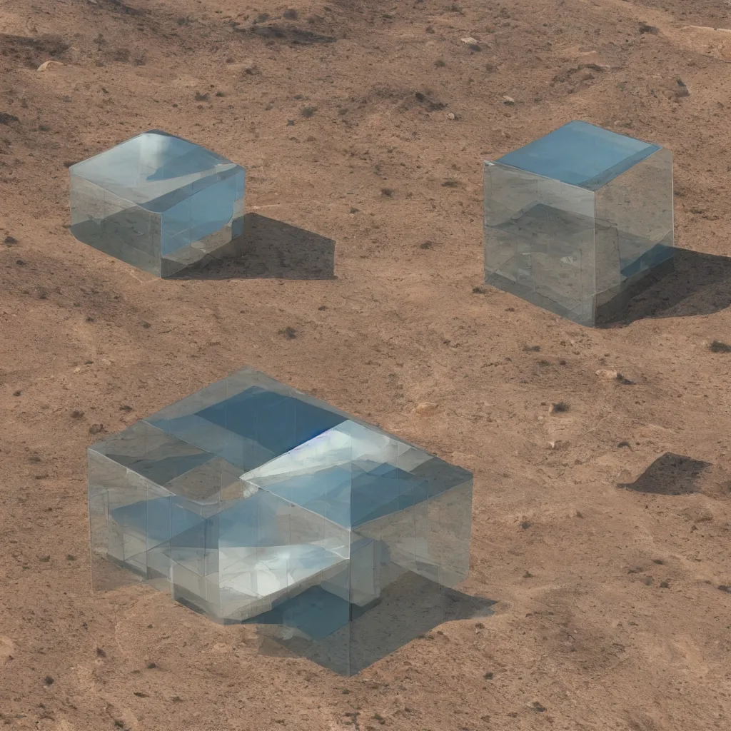 Prompt: cube-shaped glass building located in the middle of the desert, ultra-realistic, 4k, dystopian