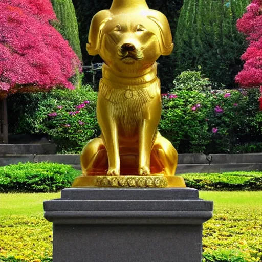 Image similar to A golden statue of an akita ken, shiny, flowers, royal, temple, holy