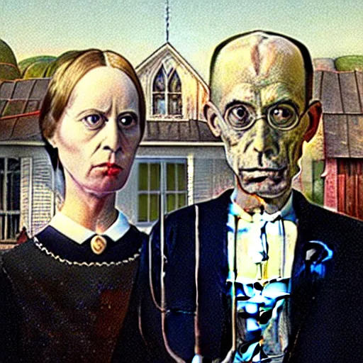 Image similar to of two scary cyborgs as the couple in the painting american gothic 4 k photorealism hd