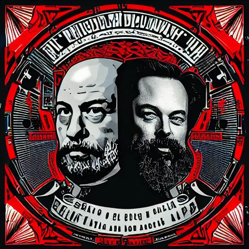 Image similar to the joe rogan podcast with karl marx and elon musk, intricate, highly detailed, digitial painting, art by shepard fairey