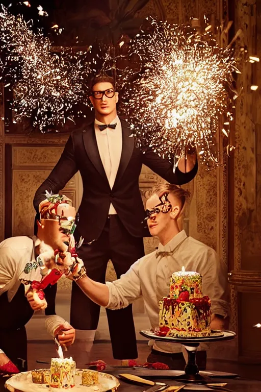 Image similar to dolce & gabbana campaign featuring artist ben schumacher blowing out all the candles on the birthday cake, sparklers, realistic vfx simulation