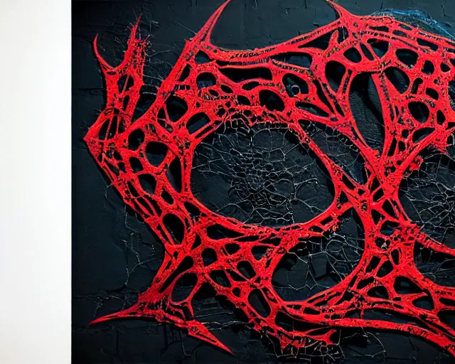 Image similar to 16k photorealistic image of a wall that has some lovecraftian graffiti on it inspired by wretched dragon rib cage. lovecraftian graffiti in red and black colors. the art is cursed and ecrusted with jewels. the grafiiti is inspired by cobwebs and venom.