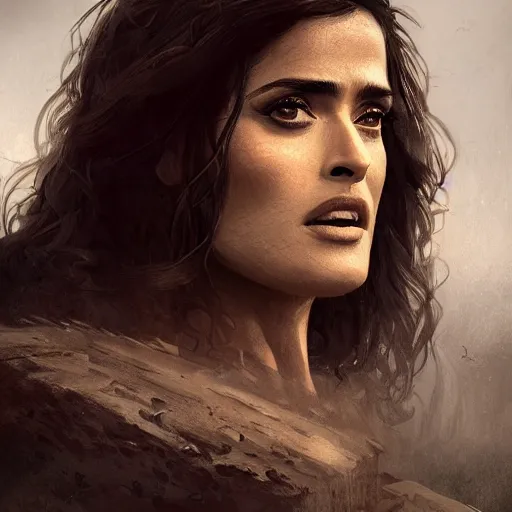 Image similar to portrait, Salma Hayek , barbarian , face portrait, raphael lacoste, eddie mendoza, alex ross, concept art, matte painting, highly detailed, rule of thirds, dynamic lighting, cinematic, detailed, denoised, centred