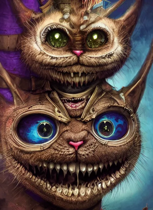 Prompt: cheshire cat, angry, scary, cheeky, steampunk googles, highly detailed, cinematic, 8 k, by megan duncanson, benjamin lacombe, stanley artgermm, tom bagshaw, craig mullins, carne griffiths, ayami kojima, beksinski, giger, trending on deviantart, hyper detailed, horror, full of colour