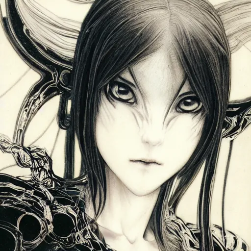 Image similar to yoshitaka amano realistic three quarter angle illustration of an anime girl with black eyes, wavy white hair fluttering in the wind and cracks on her face wearing elden ring armour with engraving, abstract black and white patterns on the background, noisy film grain effect, highly detailed, renaissance oil painting, weird portrait angle, blurred and dreamy polaroid photo