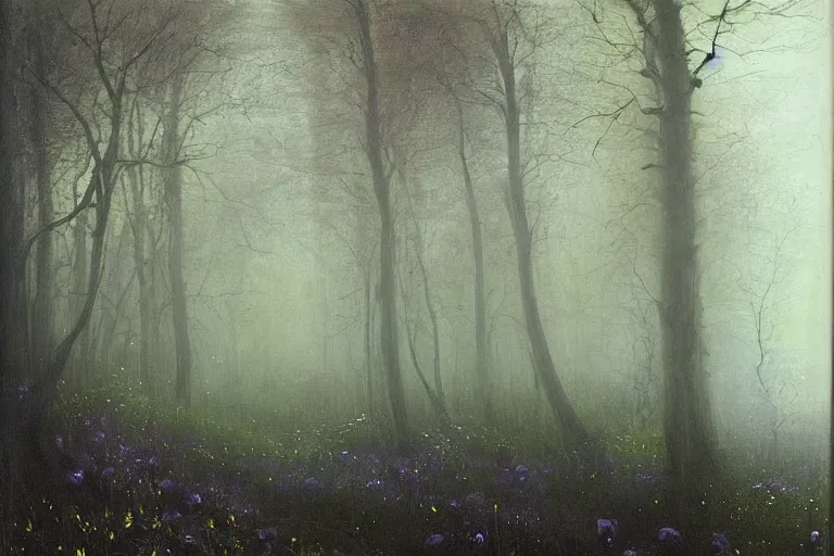 Image similar to dark and spooky painting of a forest dimly lit at night with tiny purple morning glory flowers trailing at the base of trees. foggy cinematic volumetric darkness, muted colour palette, detailed oil painting on canvas robert hughes, john everett millais