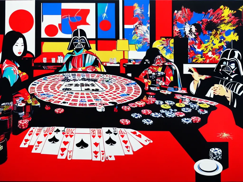 Image similar to hyper - realistic composition of a room with an extremely detailed poker table, woman in traditional japanese kimono standing nearby, darth vader sitting at the table, fireworks in the background, pop art style, jackie tsai style, andy warhol style, acrylic on canvas, dull palette