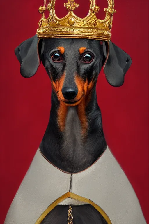 Prompt: an oil painting portrait of a dachshund wearing medieval royal robe and an ornate crown on a dark background, digital Art, concept Art, highly detailed, 3-D 4K, trending on art station, Award winning, Mark Brooks