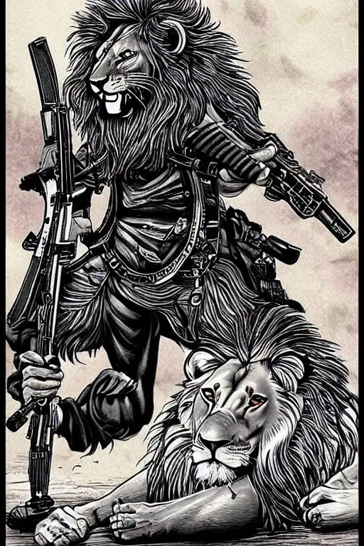 Image similar to lion and an armed hunter, art style ben garrison!!!!!!!!!!!!!!!! drawn by ben garrison, iconic, masterpiece, ornate and detailed, cartoon