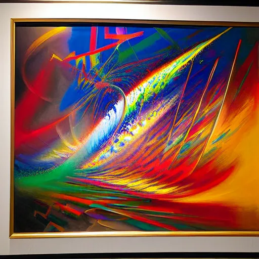 Image similar to abstract art representing momentum, oil painting by john berkey and gabriel dawe, masterwork