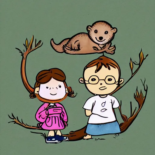Image similar to a small girl and her otter friend in the style of Bill Watterson