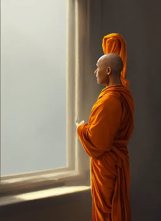 Prompt: oil painting of a monk in robes, looking out a window contemplatively, digital art, artstation, cinematic, golden hour, digital art painting by greg rutkowski