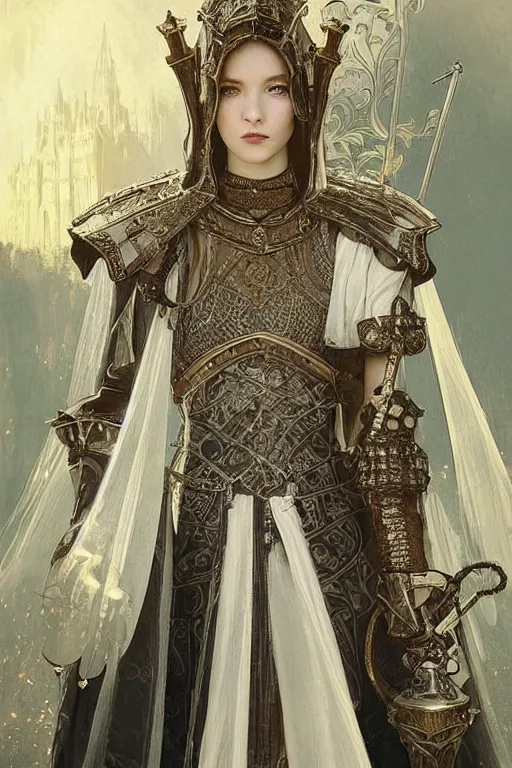 Image similar to beautiful luxury and holy and victorian and divine young female medieval white armor knight portrait like lisa blackpink+shinny eyes+front face with light flowing hair, ultradetail face, ruined gothic cathedral, art and illustration by tian zi and craig mullins and WLOP and alphonse mucha, ssci-fi, fantasy, intricate complexity, human structure, hypermaximalist, fantasy character concept, dynamic lighting, neon light, watermark, blurry, hyperrealism 8k