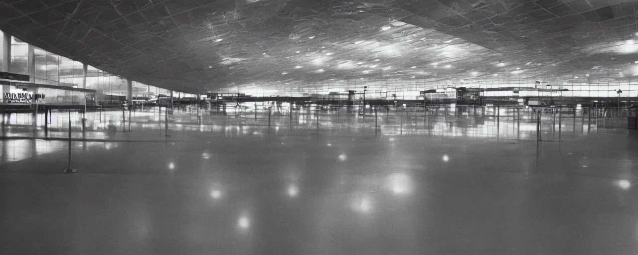 Image similar to the inside of an empty airport, late at night, eerie, 1 9 8 0 s