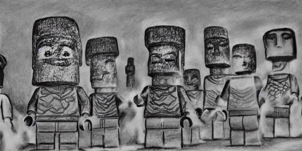 Image similar to charcoal drawing of lego minifigures as easter island heads on easter island