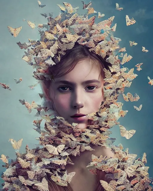 Prompt: half body portrait of 2 0 - year - old woman, in an outfit made of butterflies, photo by greg rutkowski, high fashion, androgyn beauty, intricate detail, elegance, sharp shapes, soft lighting, vibrant colors, masterpiece