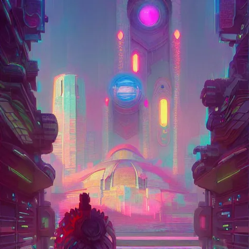 Prompt: street view of a cybernetic temple, vaporwave aesthetic, colorful, psychedelic, digital painting, artstation, concept art, smooth, sharp focus, illustration, art by artgerm and greg rutkowski and alphonse mucha