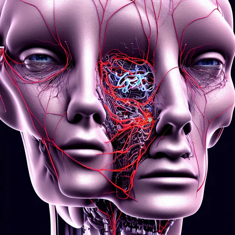Image similar to portrait of neural nightmares, detailed face face face face, facial structure, hd, 8 k, very very very very electronic, biomechanical, biology, bio, neural machine