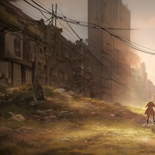 Prompt: incredible wide screenshot, ultrawide, simple watercolor, rough paper texture, made in abyss movie scene, backlit distant shot of girl in a parka running from a giant moster invasion side view, yellow parasol in deserted dusty shinjuku junk town, broken vending machines, bold graphic graffiti, old pawn shop, bright sun bleached ground, mud, fog, dust, windy, scary robot monster lurks in the background, ghost mask, teeth, animatronic, black smoke, pale beige sky, junk tv, texture, dusty, dry, pencil marks, genius party,shinjuku, koji morimoto, katsuya terada, masamune shirow, tatsuyuki tanaka hd, 4k, remaster, dynamic camera angle, deep 3 point perspective, fish eye, dynamic scene